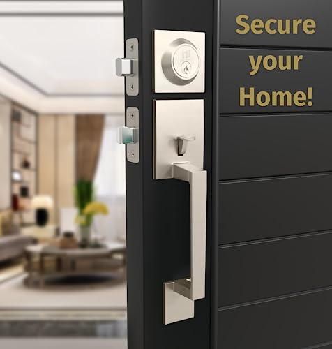 Image of Mega Handles - TOBELLE Silver Entry Door Handleset - Single Cylinder Handleset with Lever for Entrance and Front Doors - Modern Door Handles for Left and Right-Handed Doors - Straight Handle