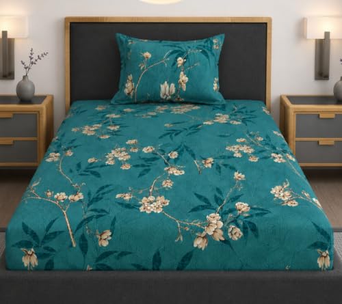 Image of Vaini Premium Heavy Cotton Elastic Fitted Bedsheets with 1 King Size Pillow Covers || Single Bed with All Around Elastic 350 TC || 36 x 78 x 6 Inch Single Size Fitted || :- Green Flower