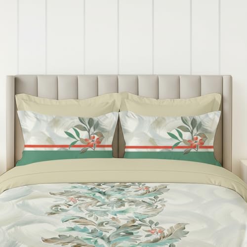 Image of LANE LINEN 100% Cotton Printed King Size Bedsheet - Beige Leaves | OEKO-Tex Certified, 250TC, Fits King & Double Bed, Floral Print, Breathable & Wrinkle-Free, Includes 2 Pillow Covers