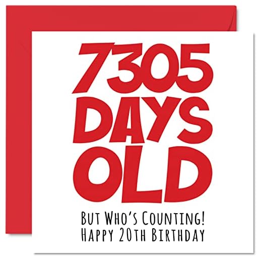 Tarjeta felicitación 20 cumpleaños hombres mujeres, él ella, 7305 días edad, divertida tarjeta cumpleaños adultos veinte veinte veinte años hermano, hermana, hijo, hija, primo, 145 mm x 145 mm