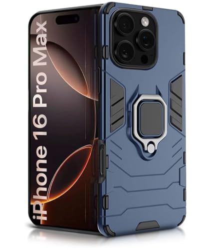 Image of WOW IMAGINE Shock Proof Back Case Mobile Cover for iPhone 16 Pro Max | Back Cover Case (Tough Armor | Hybrid PC + TPU | Ring Holder & in-Built Kickstand | Blue)