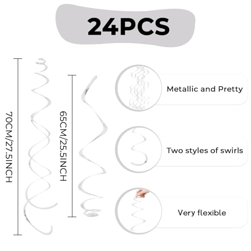 Image of 24 PCS Silver Foil Hanging Swirl, Sparkle Ceiling Hanging Decorations, Plastic Streamer Party Decorations, Swirl Decorations with Double-Swirls and Single-Swirls for Birthday,Happy New Years