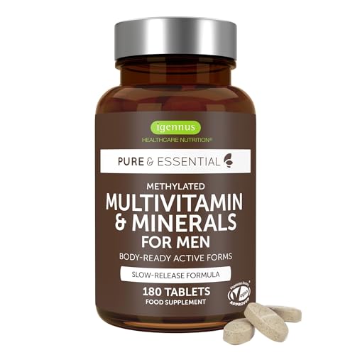 Multivitamines & Minéraux pour Hommes avec Lycopène, Zinc, Vitamine D3, B6 et B12 Méthylées pour plus d’Énergie, la Santé Immunitaire & Cardiaque, Libération Lente, 180 comprimés – par Igennus