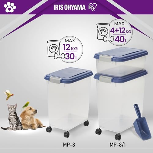 Iris Ohyama Hundefutter Aufbewahrung mit Rollen, 30L/11kg, Graublau, Luftdichte Futterbox, Trockenfutter, Futterbehälter, Für Hunde, Katzen, Tierfutterbehälter, BPA-frei, Futtertonne, MP-8