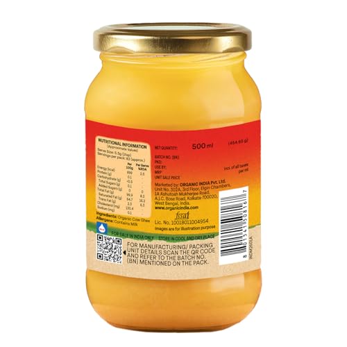 Image of Organic India Pure Cow Ghee, 500ml | Labs Tested on 250+ Parameters | Certified Organic | Glass Bottle | Sourced from Organically Fed Cows | Authentic Taste, Rich in Healthy Fat