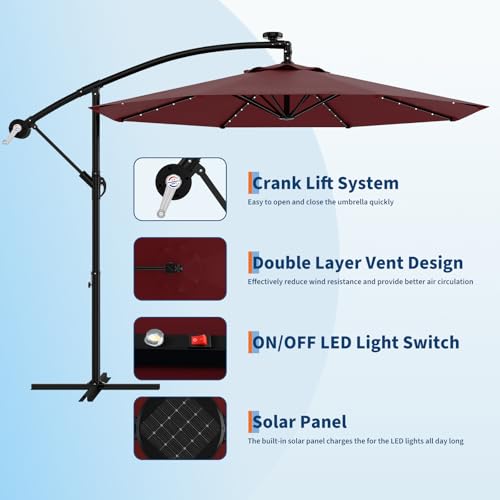 10FT Solar Lights Cantilever Umbrella outdoor patio, Offset Patio Umbrella with Easy Lift & Tilt Adjustment, UV Protection Fade Resistant for Deck, Pool, Garden, Burgundy