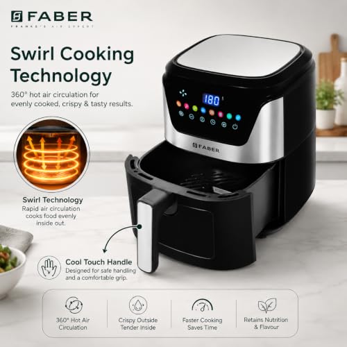 Image of Faber 6L 1500W Digital Air Fryer | Fry, Bake, Roast, Toast, Defrost, Grill & Reheat | 85% Less Oil, 360 Air Cooking|8-Preset Menu,LED Display&Touch Control, Non-Stick Pan,View Window|FAF 6.0L NEO BK
