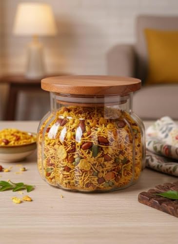 Image of SUANI Air Tight Bubble Glass Jar Container with Wooden Lid for Home and Kitchen | Odor Free Storage Jar | Jars For Cookies, Namkeen, Dry Fruits and Kitchen Storage, (500Ml) (Pack Of 1)