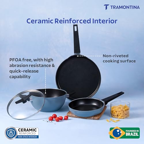 Image of Tramontina Chroma Cookware Set of 4 - Kadhai 22 cm with Lid, Fry Pan 20 cm, Dosa Tawa 28 cm | Ceramic Reinforced Cookware | Cold Forged Aluminium | Bakelite Handle | All Cooktop Compatible Blue