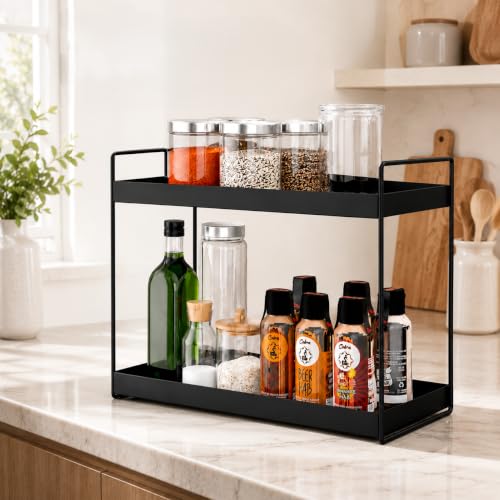Image of HOMIFLY 2 Tier Multipurpose Kitchen & Bathroom Storage Rack /Countertop Kitchen Organizer Storage Basket /Self Storage and Large Space Organiser Racks (Black)