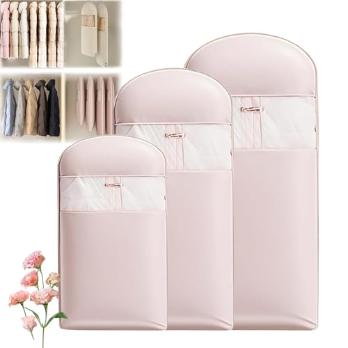 Space Saving Hanging Garment Bag with Self Compression Zipper,Garment Bags for Hanging Clothes Travel,Dress Bags for Gowns,Coats, Suits (Pink,3pcs)