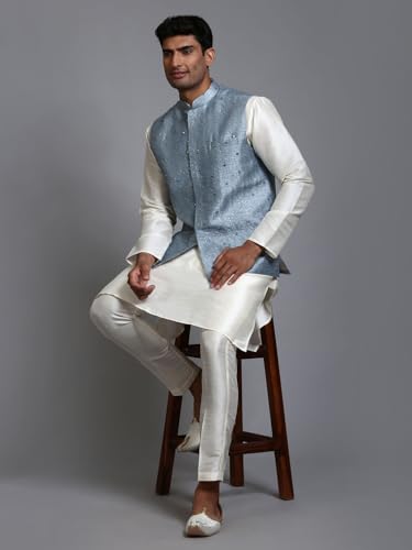 Image of VM Men's Grey And Cream Silk Blend Jacket, Kurta and Pyjama Set