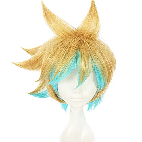 Diamonia Anime-Charakter Cosplay Perücke, 11.8" Ezreal Stern Wächter Haut Gelb Blau, Restauriert Hoch Hohe Qualität Hitzebeständige, Für Junge Rollenspiele Karneval Halloween Weihnachten Cover