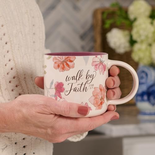 Image of Christian Art Gifts Inspirational Scripture Ceramic Coffee & Tea Mug for Women: Walk by Faith Encouraging Bible Verse, Shiny Foil Accents, Sturdy Handle, White & Pink Multicolor Floral, 14 oz.