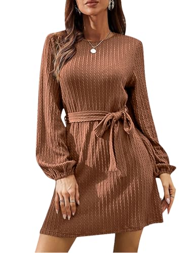 LIAMERHE Vestido Punto Manga Larga Mujer Casual Midi Vestidos Cuello Redondo Elegante Vestido Línea A Rayas Verticales para Otoño Invierno con Cinturón Marrón M