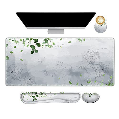 Image of ARTSO Gaming Mouse Pad Wrist Support Set, XXL Large Desk Mat Mousepad + Keyboard Wrist Support+ Mouse Wrist Rest+Coaster 4in1 Ergonomic, Memory Foam -Green Leaves and Line Flower
