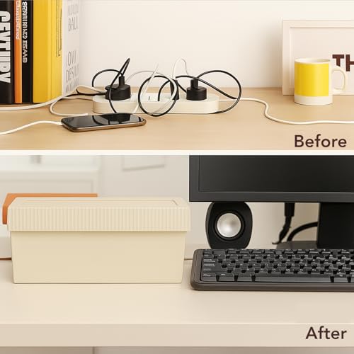 Image of Soko Cable Management Box with Mobile Stand | Cords Hider & Surge Protector | Concealer for Power Strips, Router, Gadget Wires Storage Organizer Tray for Desk, Table - Home, Office - Off-White