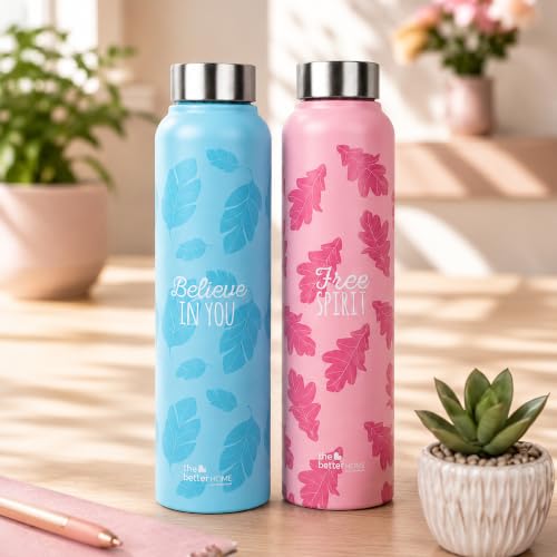 Image of The Better Home Stainless Steel Water Bottle 1 Litre | Pack of 2 | Leak Proof, BPA Free, Rust Proof | Printed Sipper Bottles for Office, Gym, School, Travel, Kids & Adults | Blue, Pink