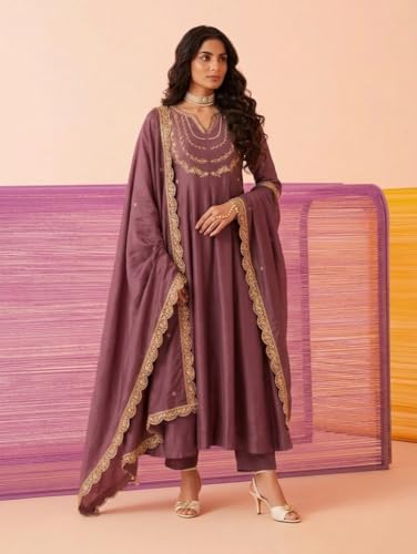 Image of Yashika Women's Silk Blend Embroidered Anarkali Kurta Set with Dupatta | Full Length Ethnic Wear for Women | Wedding