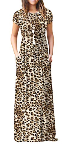 VIISHOW Women's Short Sleeve Leopard Printed Dress Loose Plain Maxi Dresses Casual Long Dresses with Pockets(Leopard Light Yellow XX-Large)