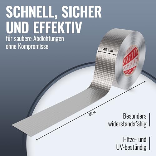 POPPSTAR Aluminium-Klebeband netzverstärkt für Rohrisolierung & Dämmung (50m x 48 mm) Hitzeschutz & Dampfsperre Aluklebeband hitzebeständig 48mm selbstklebend
