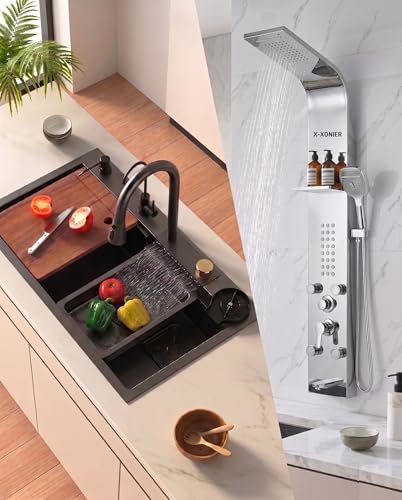 Image of X-XONIER 304 Grade Stainless Steel 6 In 1 Shower panel and All in One Sink Combo Multifunction Handheld Mist Spray Temperature Display (silver)