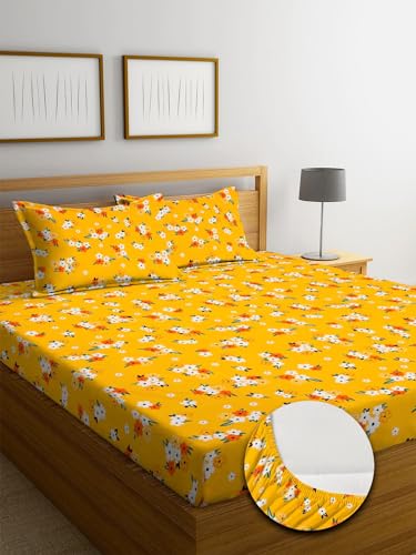 Image of NHD HOME Premium Cotton Feel Polycotton Elastic Fitted King Size Double Bedsheets with 2 Pillow Covers | All Around Elastic 210 TC Super Soft | Size - 72 King Size x 78+10 inches | Yellow & Red