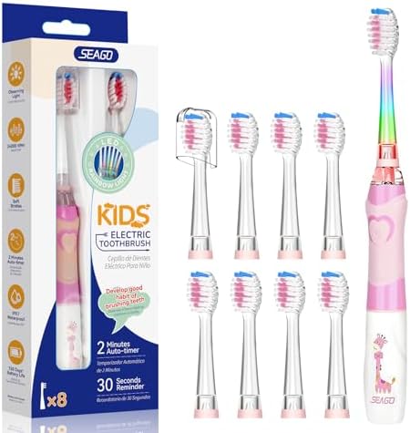 Seago Elektrische Zahnbürste Kinder ab 3-12 jahre Kinderzahnbürsten Elektrisch mit Farbigem Licht Smart Timer 8 Weich Bürstenköpfes Wasserdicht Baby Schallzahnbürste SG977 (Rosa-8)