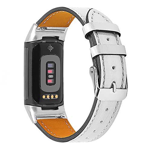 Gimuk Compatible with Fitbit Charge 5 Strap for Women Men Genuine Leather Adjustable Sports Strap Replacement Wristband for Charge 5 Tracker Small Large (Bling Silver)