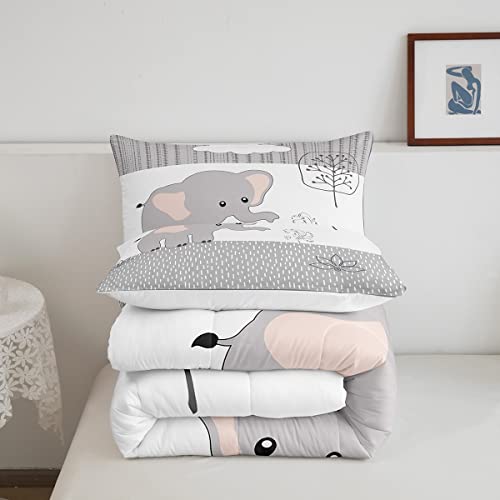 Castle Fairy Cartoon Elephant Comforter Set Twin Size,Kawaii Cute Wild Animal Quilt Set For Kids Boys Bedroom Collection,Grey White Tree Cloud Flower Soft Bedding Set With 1 Pillowcase #TOP4