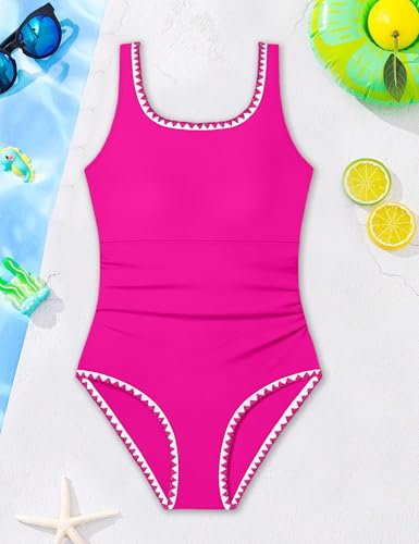 Image of CRISONE Girl Swimsuit One Piece Bathing Suit for Girls Retro Square Neck Adjustable Straps Girls' Swimwear 9-16Y