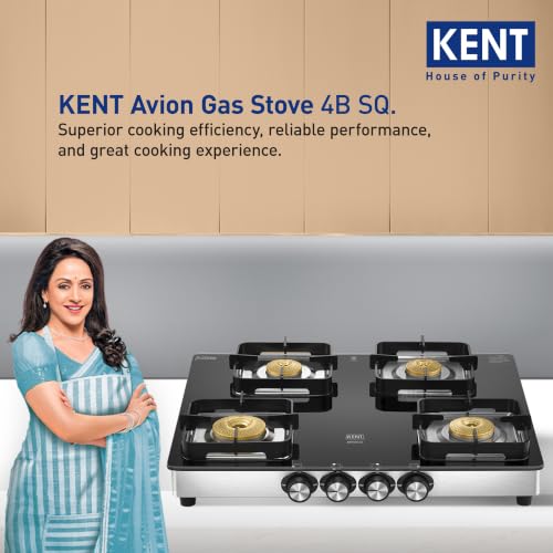 Image of KENT Avion Gas Stove 4 Burner SQ | Toughened Glass Top 8mm |SABAF Italian Gas Valve | Forged Brass Burner | Metallic Knob |Heat Resistance Coating |Cleaning Stand | LPG /PNG Compatible|5Yr Warranty