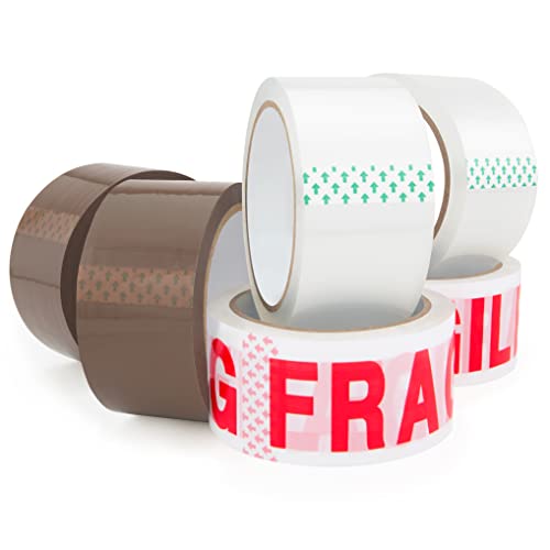 Rapesco 1687 Assortiment de Rouleaux de Ruban Adhésif d’Emballage, 50 mm de Large, Lot de 6, 2 x Marron, 2 x Transparent, 2 « FRAGILE »