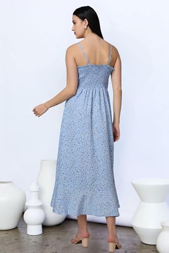 Image of POPWINGS Casual Floral Printed Midi Frill Strap Dress for Women || Sleeveless Midi-Length Women Dress || V-Neck Maxi Dress for Women || Stylish Western Summer Women Dress