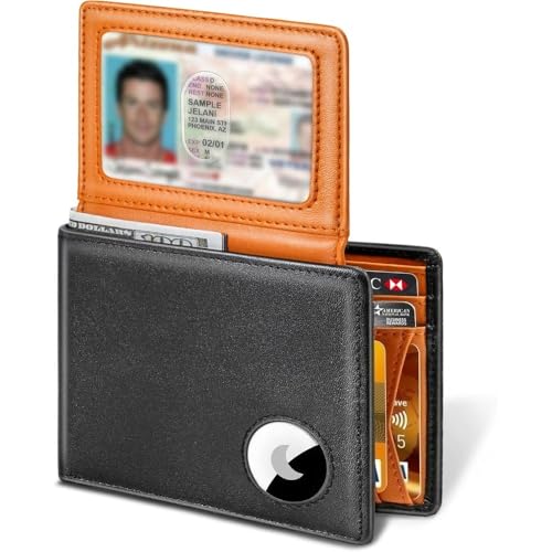 Genuine Leather Wallet for Men with RFID Blocking AirTag Holder and 12 Card Slots Slim Design for Everyday Carry (Black+Orange)