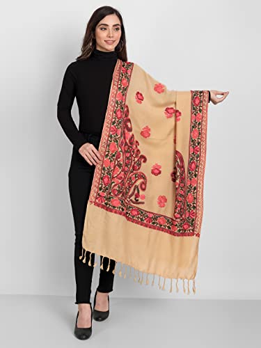 Zamour Kashmiri Indian Aari Embroidery Pashmina Style Wool Shawl Scarf for Women (Brown)2