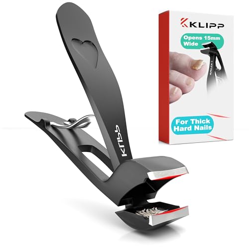 Toenail Clippers for Thick Toenails – KLIPP 15 mm Wide Jaw Thick Fingernail and Toenail Cutter with Curved Stainless-Steel Blades for Seniors (Angled Wide Opening)