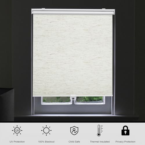 Blackout Roller Shades Blinds Cordless for Windows Pull Down Room Darkening Door Blinds with Thermal Insulated Easy to Install for Living Room,Bedroom,Home,Office Linen Beige 59" W x 72" H
