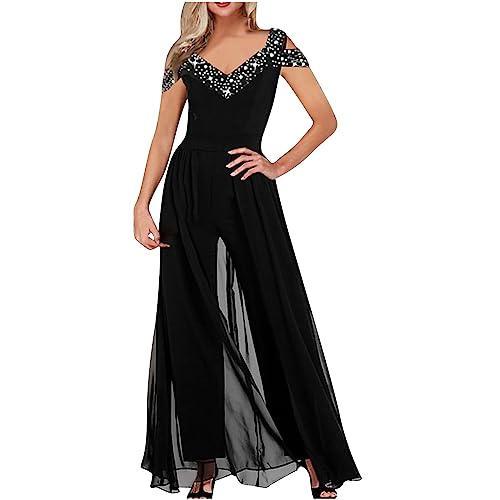 HGps8w Womens V Neck Jumpsuit Elegant Sleeveless Split Front Tunic Shirt Dressy Pant Suits 2 Piece Formal Dress Set