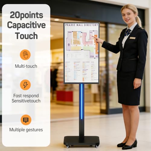 Image of 32 Inch Digital Signage Display on Wheels, Portable LCD Touch Digital Kiosk with Adjustable Rolling Stand, Phone App Control Android 14 Advertising Display Poster, Auto Media Player, HDMI /USB