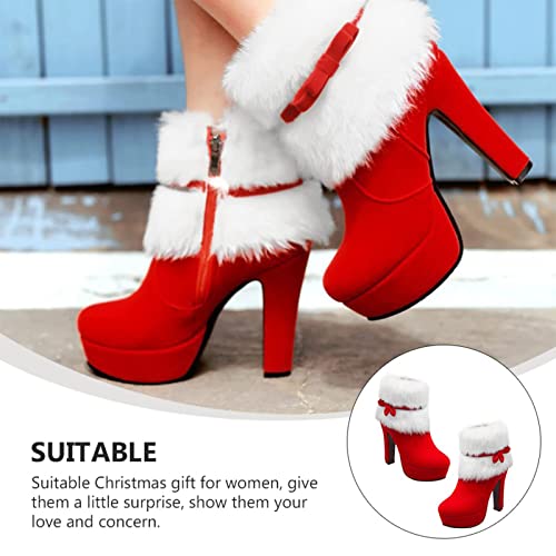 PURCHAWEE Women's Winter Fur Ankle Boots Christmas Boots,Bow Decor Side Zipper Fur Closure Chunky High Heel Santa Boots Snow Boots3
