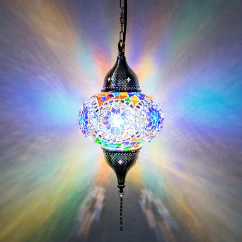 Turkish Moroccan Mosaic Pendant Light - Handcrafted Tiffany Style Swag Lamp with 15ft Cord Vintage Glass Ceiling Fixture Lighting for Mediterranean Decor (Blue1)