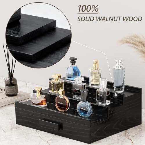 Image of Solid Walnut Cologne Organizer for Men, 3 Tier Cologne Stand Display Shelf | Wood Perfume Organizer, Cologne Holder with Drawer Storage and Hidden Compartment,Gift for Men Dad Husband Boyfriend, Black