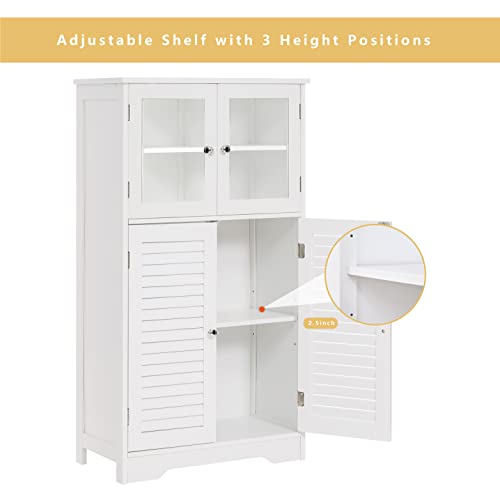 Weenfon Bathroom Cabinet, Storage Cabinet With 2 Glass Doors & 2 Shutter Doors, Free Standing Floor Cabinet With 2 Shelves, For Living Room, Hallway, Home Office, White #TOP5