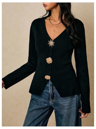 GORGLITTER Women's Button Up Cardigan Peplum Metal Sweaters V Neck Long Sleeve Open Front Cardigans2