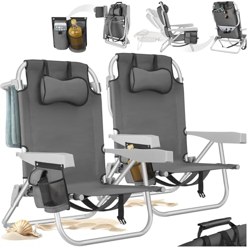 tectake® 2 Sedia da Spiaggia, Spiaggina Pieghevole Funzione Zaino, Sedie da Giardino, Telaio Alluminio, Sdraio Da Spiaggia, Schienale Regolabile, Sdraio pieghevole, Borsa Termica, Sedia Mare - Grigio