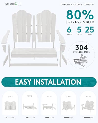 Image of SERWALL Folding Adirondack Bench Set of 2, HDPE All-Weather Adirondack Loveseat, Folding Outdoor Bench, White