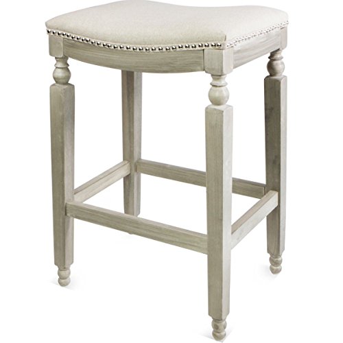 Barton Set of 2 Bar Stools Beige 28.5" Saddle Backless Premium Padded Indoor/Outdoor Nailhead Cushion Kitchen Counter Chairs Pub Seat Foot Rest - Image 3