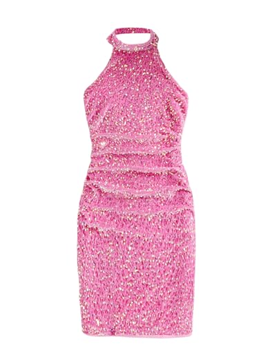 SweatyRocks Girl's Sparkly Sequin Halter Dress Ruched Sleeveless ...