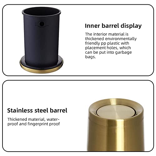 Image of 10 L /3 Gallen,Gold Small Trash Can for Bathroom,Brushed Stainless Steel Garbage Can with Flipping Lid,for Bathroom,Living Room,Bedroom,Hotel,Conference Room(Gold)
